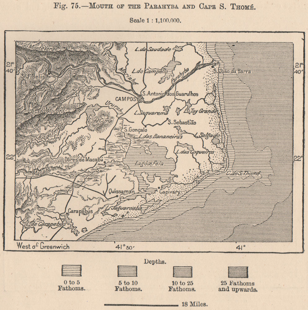 Mouth of the Paraiba and Cape/Cabo de São Tomé. Sao Tome. Brazil 1885 old map